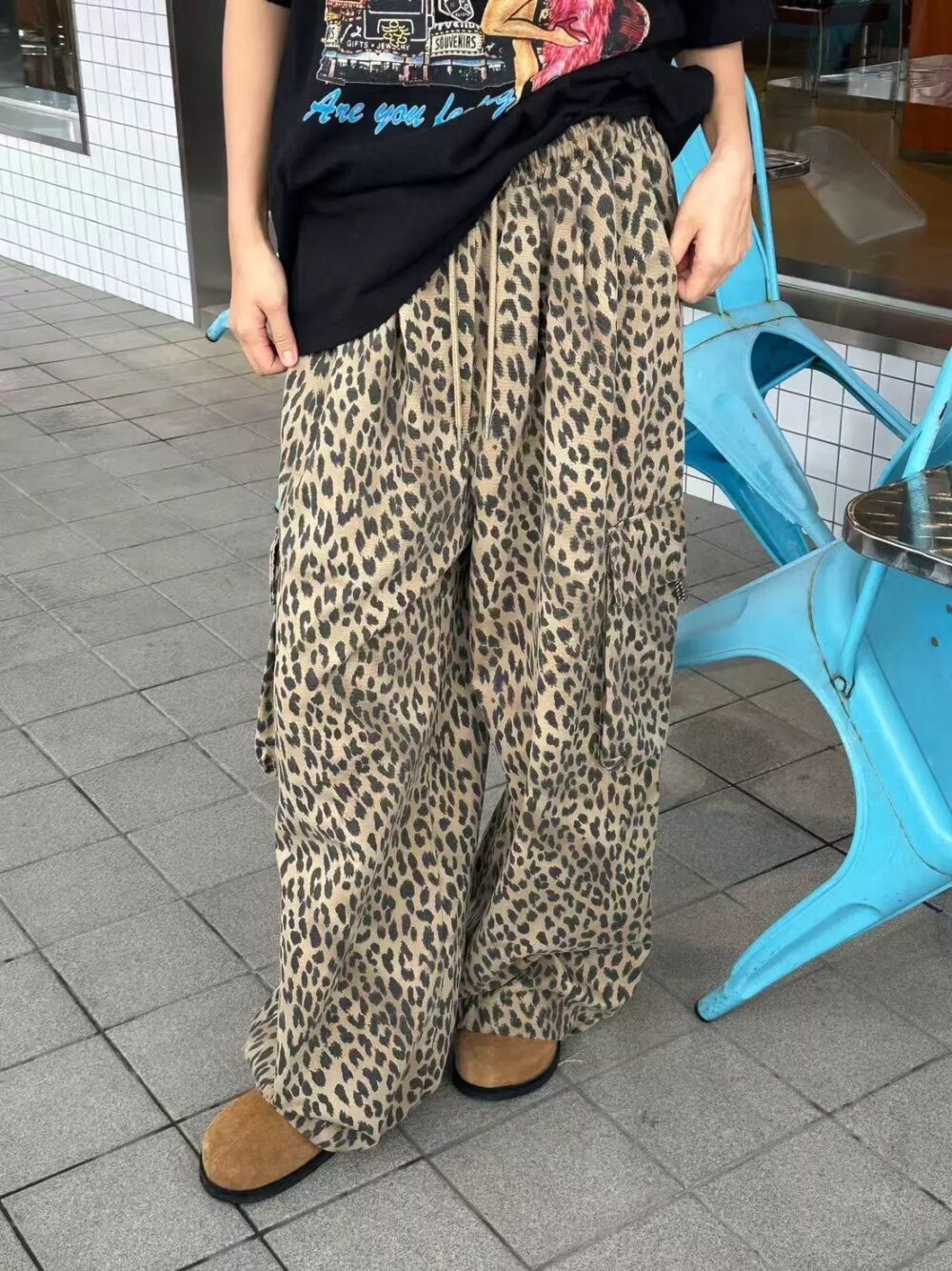 韓國豹紋工裝褲